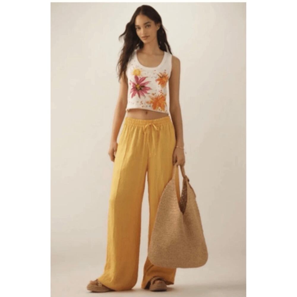 Anthropologie Textured Satin Pull On Pants in Golden Yellow - Large, NWT - Picture 2 of 6